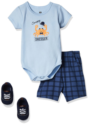 Hudson Baby Unisex Baby Cotton Bodysuit, Shorts And Shoe Set, Crab, 0-3 Months