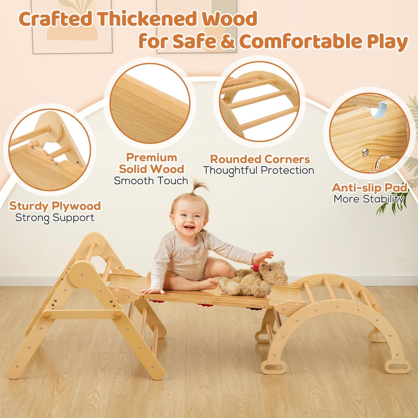 Funlio Foldable Pikler Triangle Set, Montessori Climbing Set With Solid Wood For Toddlers 2-5 Yrs, Adjustable 5-In-1 Indoor Play