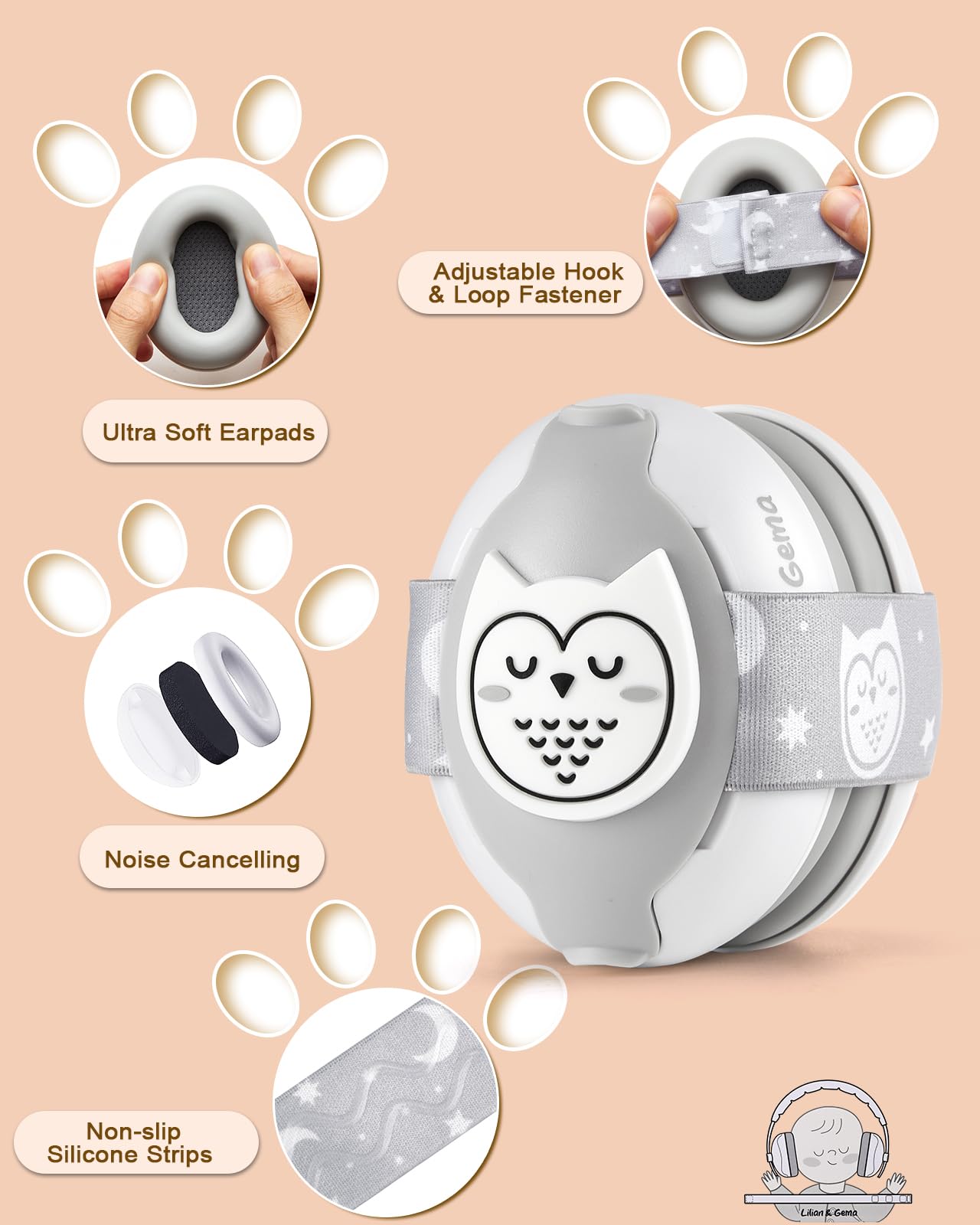 Lilian&Gema 2-In-1 Baby Ear Muffs Noise Protection, Adjustable Baby Headphones With Band, Owls Noise Cancelling Headphones For B
