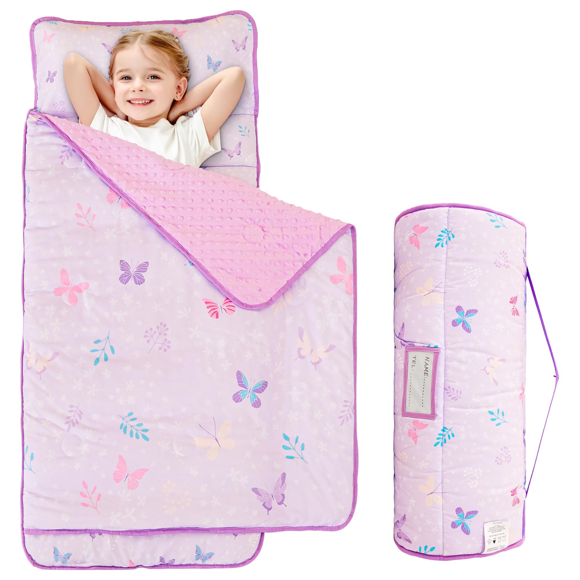 Viviland Toddler Kid Nap Mat for Preschool, Girls Purple Butterfly Slumber Bag, Daycare Sleeping Bag with Pillow and Blanket, Ki