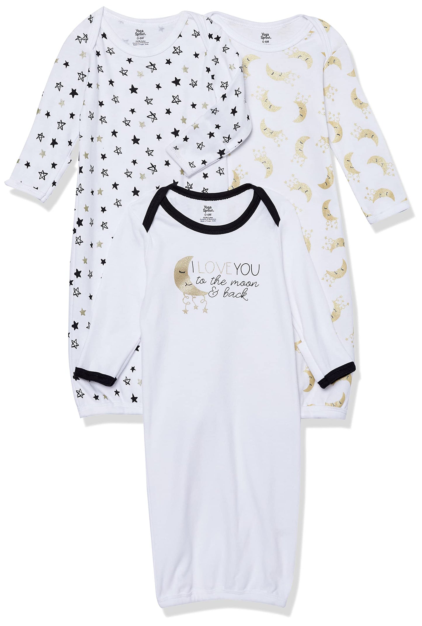 Yoga Sprout Cotton Gowns, 3 Pack, Metallic Moon, 0-6 Months