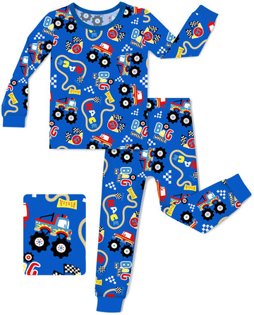 Babee Reshinee Bamboo Viscose Toddler Pajamas Boys Girls Kids Baby 2Pcs Long-Sleeve Pyjamas Set 2-3T Car Snug Fit Sleepwear Pjs