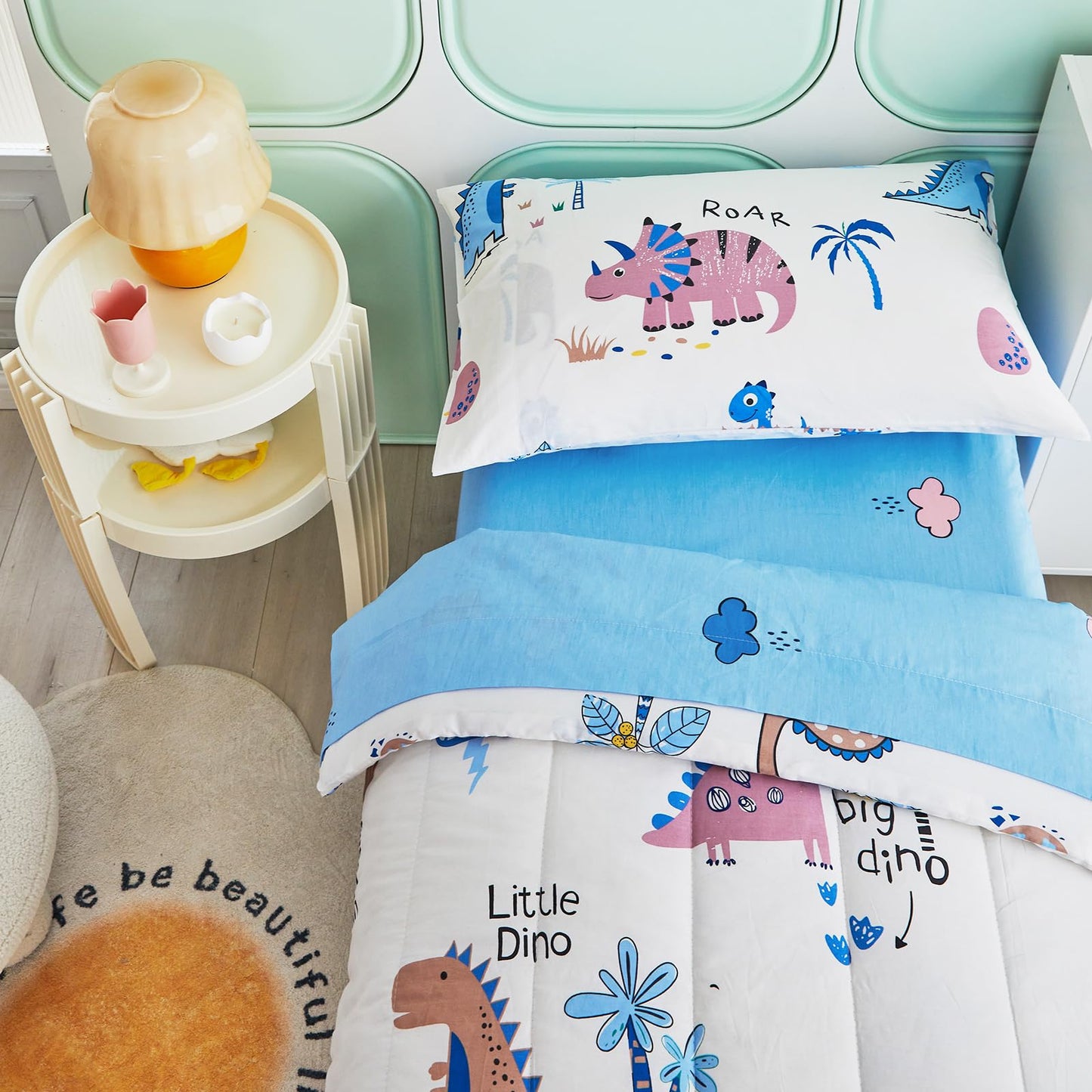 Joyreap 4 Piece Cotton Toddler Bedding Set, Colorful Dinosaurs On White Reversible Design, Includes Quilted Comforter, Fitted Sh