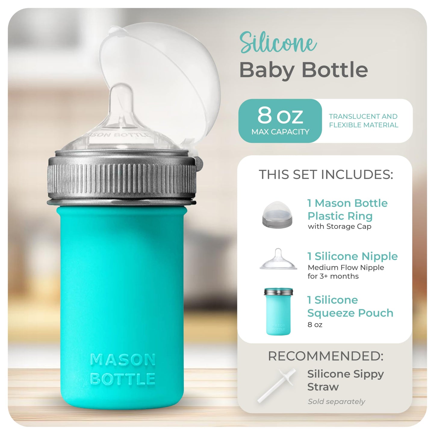 Mason Bottle 8Oz Silicone Baby Bottle With Medium Flow Nipple (3+ Months) - Breastfeeding Bottle, Reusable Silicone Squeeze Pouc