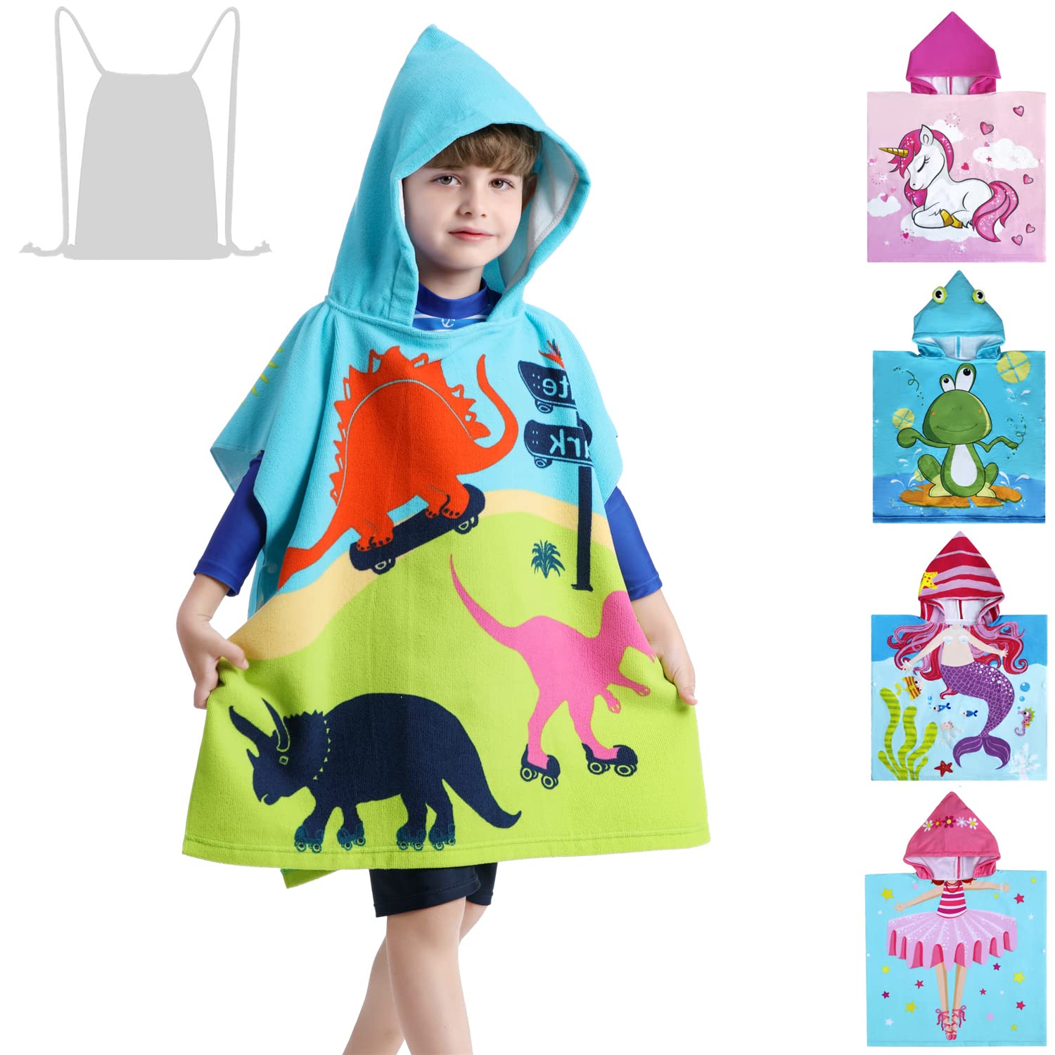 Athaelay Kids Beach Towel for Boys Girls, Dino Hooded Bath Towel Wrap, Toddler Pool Towel with Hood, Dinosaurs with Drawstring B
