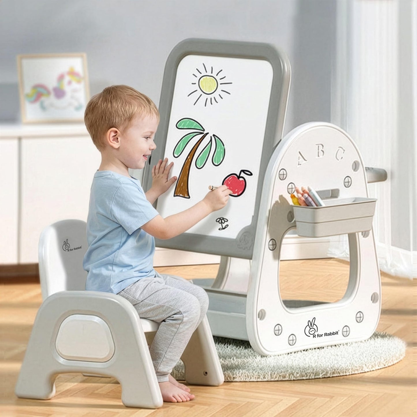 R For Rabbit Little Genius Picasso Kids Study Table Set With Chair, 3 In 1 Multipurpose Activity Table Set For 37 Years Kids, U