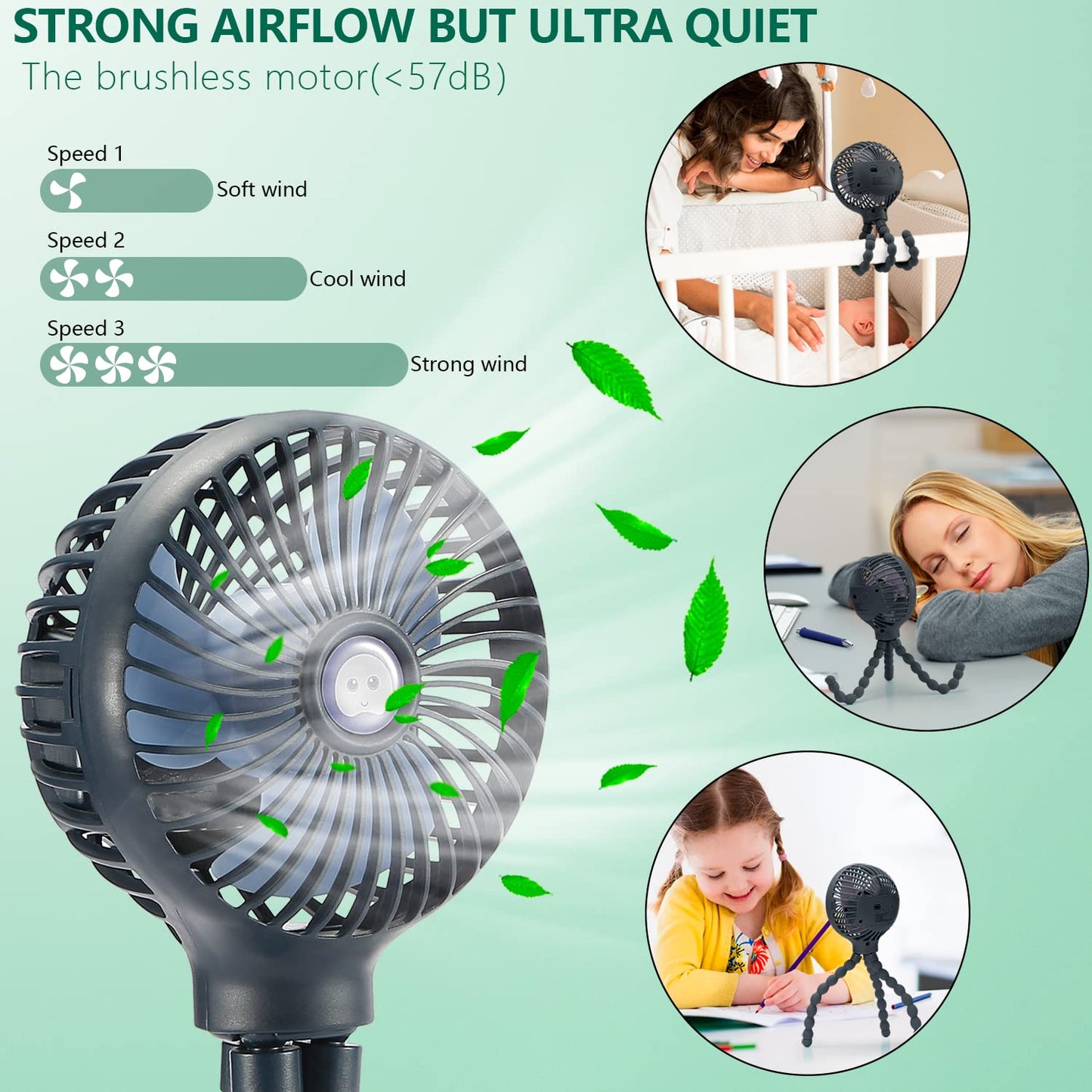 Snawowo Mini Handheld Personal Portable Fan, Baby Stroller Fan, Car Seat Fan, Usb Or Battery Powered, With Flexible Tripod Clip