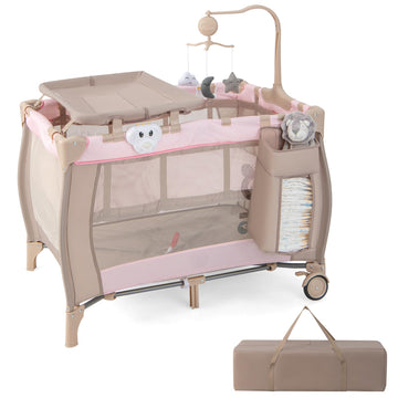 HONEY JOY Pack and Play, 3 in 1 Portable Baby Playard with Bassinet, Changing Table, Lockable Wheels, Music Box, Foldable Travel