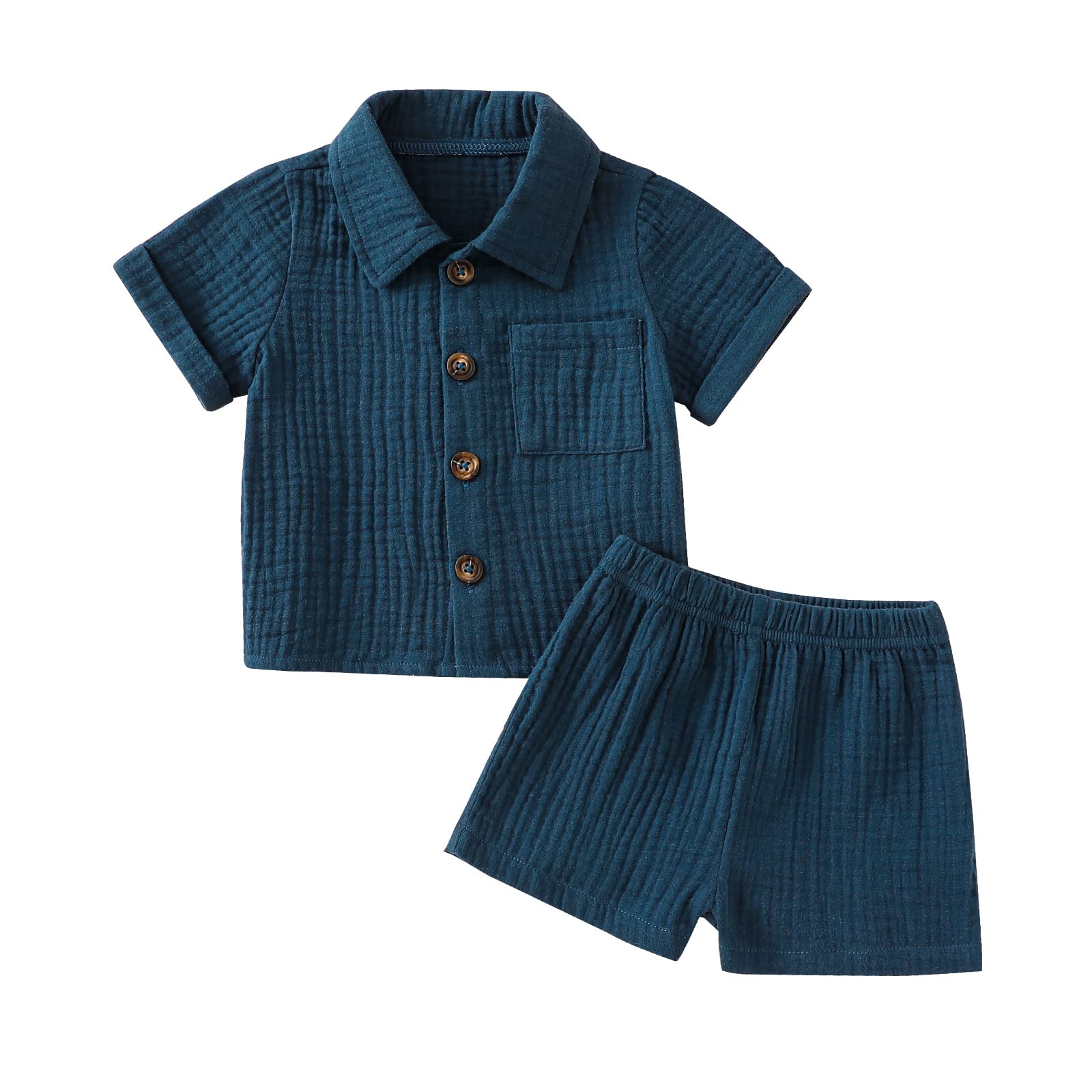 Baby Boys Clothes Set Toddler Infant Boys Button-Down Shirt Tops + Cotton Gauze Shorts Summer Outfit 2Pcs With Pockets (Navy Blu
