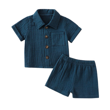 Baby Boys Clothes Set Toddler Infant Boys Button-Down Shirt Tops + Cotton Gauze Shorts Summer Outfit 2Pcs With Pockets (Navy Blu
