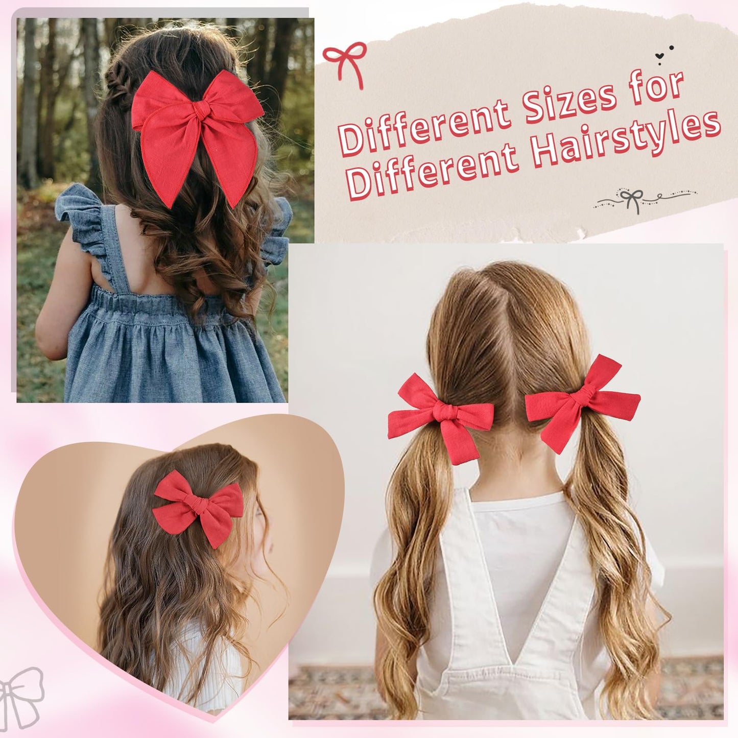 Deeka 4 Pcs Red Cotton Linen Hair Bows 3 Styles 5' & 4' Handmade Hair Bow Set For Toddler Girls Alligator Hair Clips Knot Bows