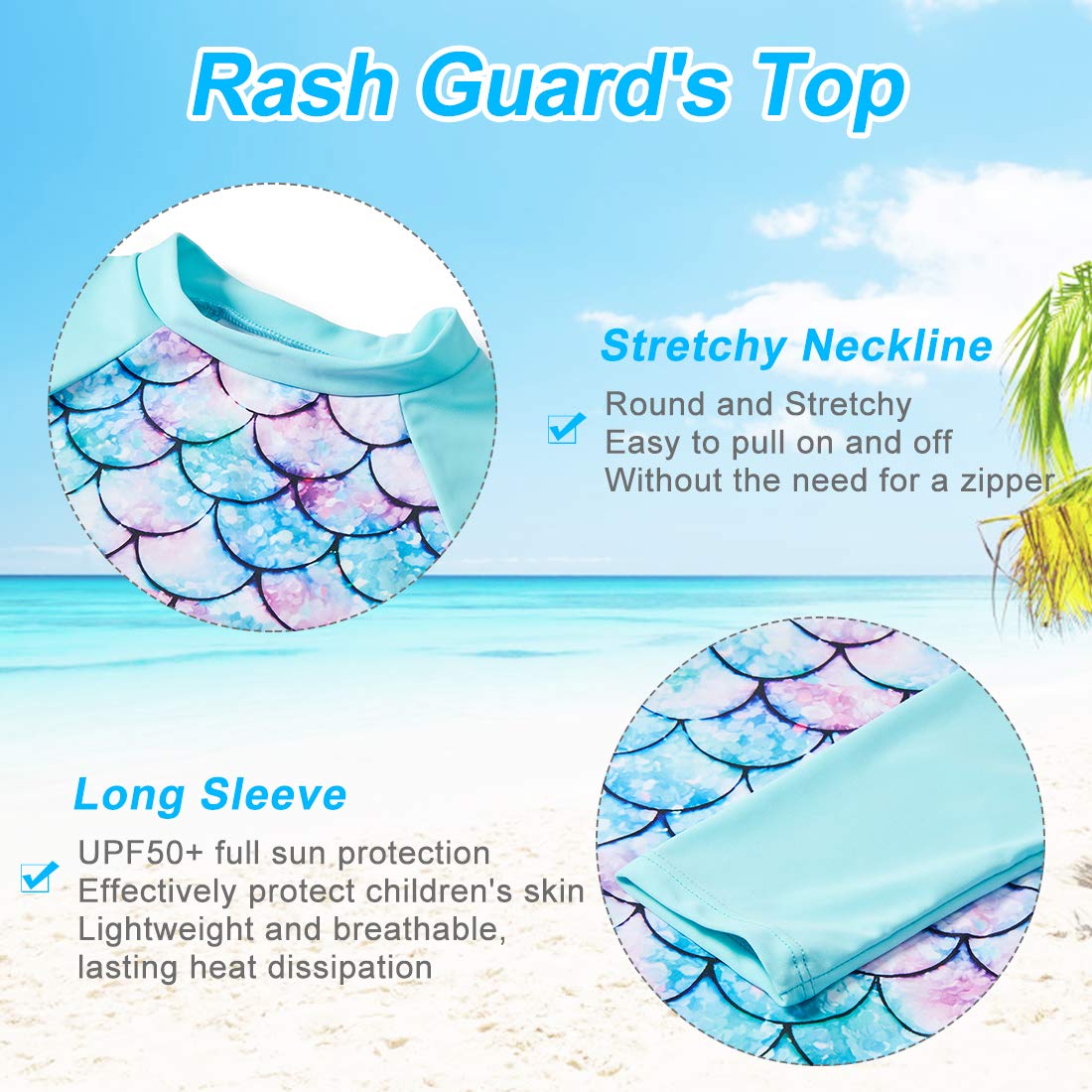 Girls Swimsuit Rash Guard Two Pieces Swimwear 7-8T Fashion Mermaid Print Breathable Bathing Suit 7-8T