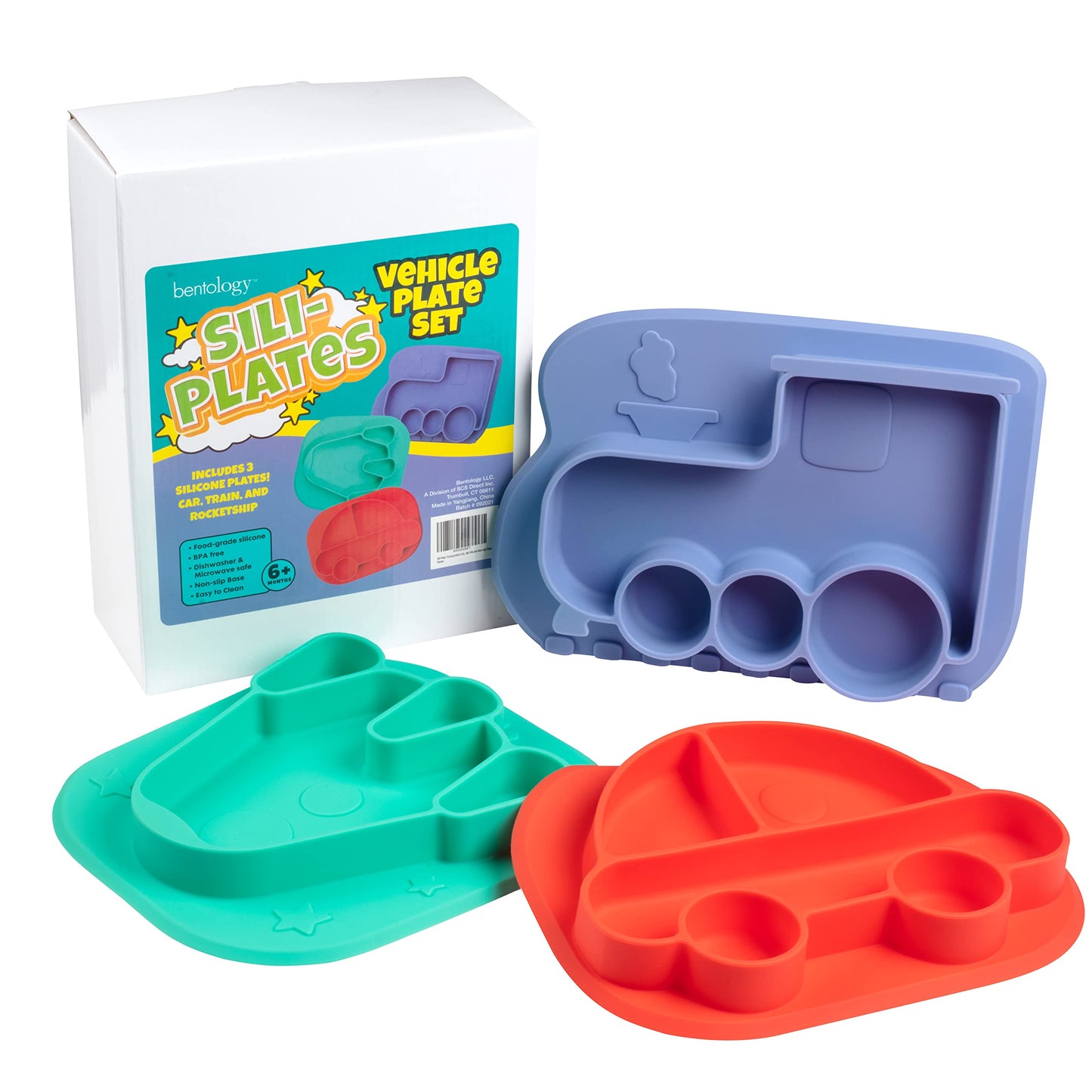 Silicone Compartment Plates- 3 Pk Vehicle Set (Car Train Rocket)- Divided Sections For Easy Grabbing Baby Food Training, Non-Sli