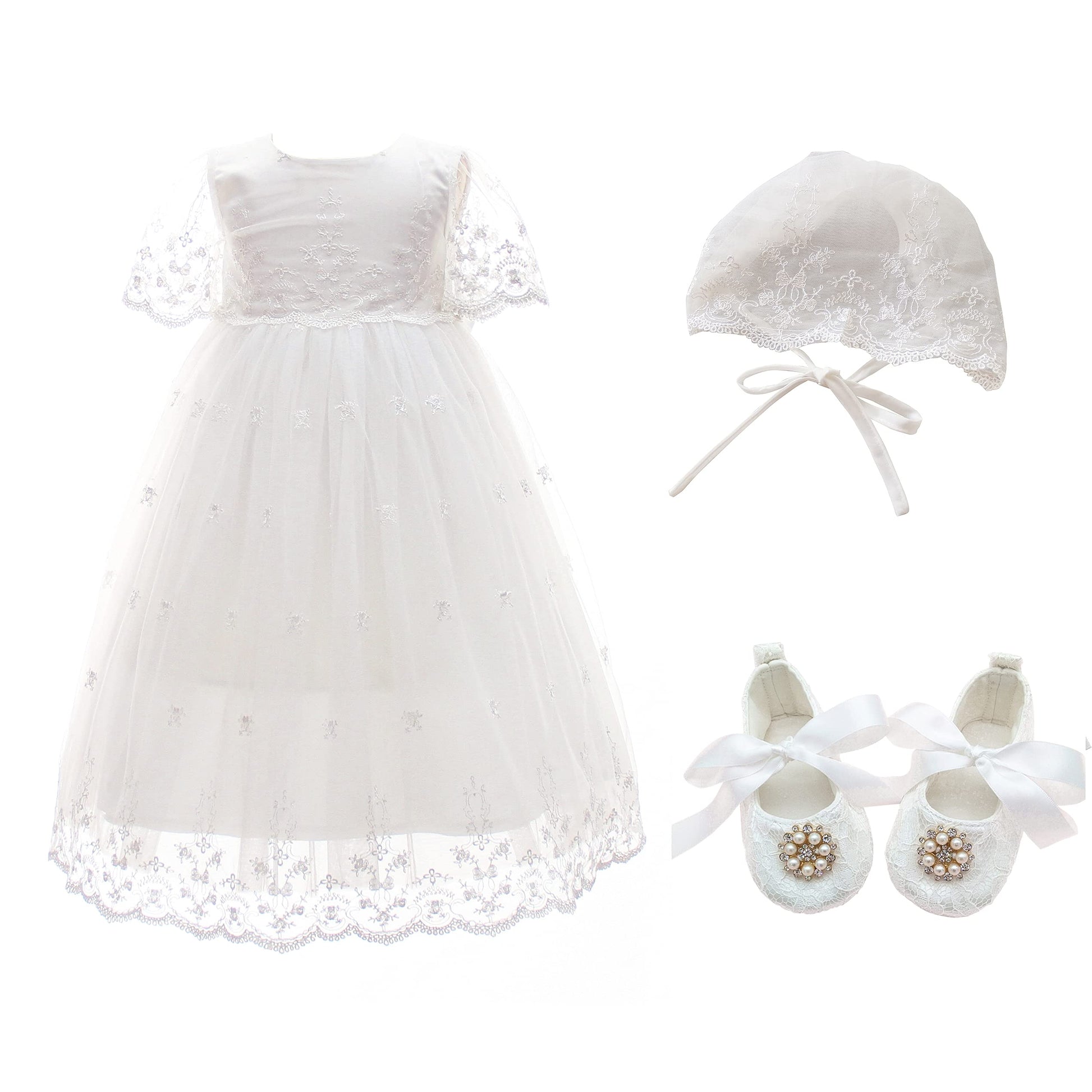 Glamulice White Baby Girls Christening Baptism Tulle Dresses 3-6 Lace Floral Embroidered Newborn Birthday Party Wedding Gowns In