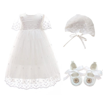 Glamulice White Baby Girls Christening Baptism Tulle Dresses 3-6 Lace Floral Embroidered Newborn Birthday Party Wedding Gowns In