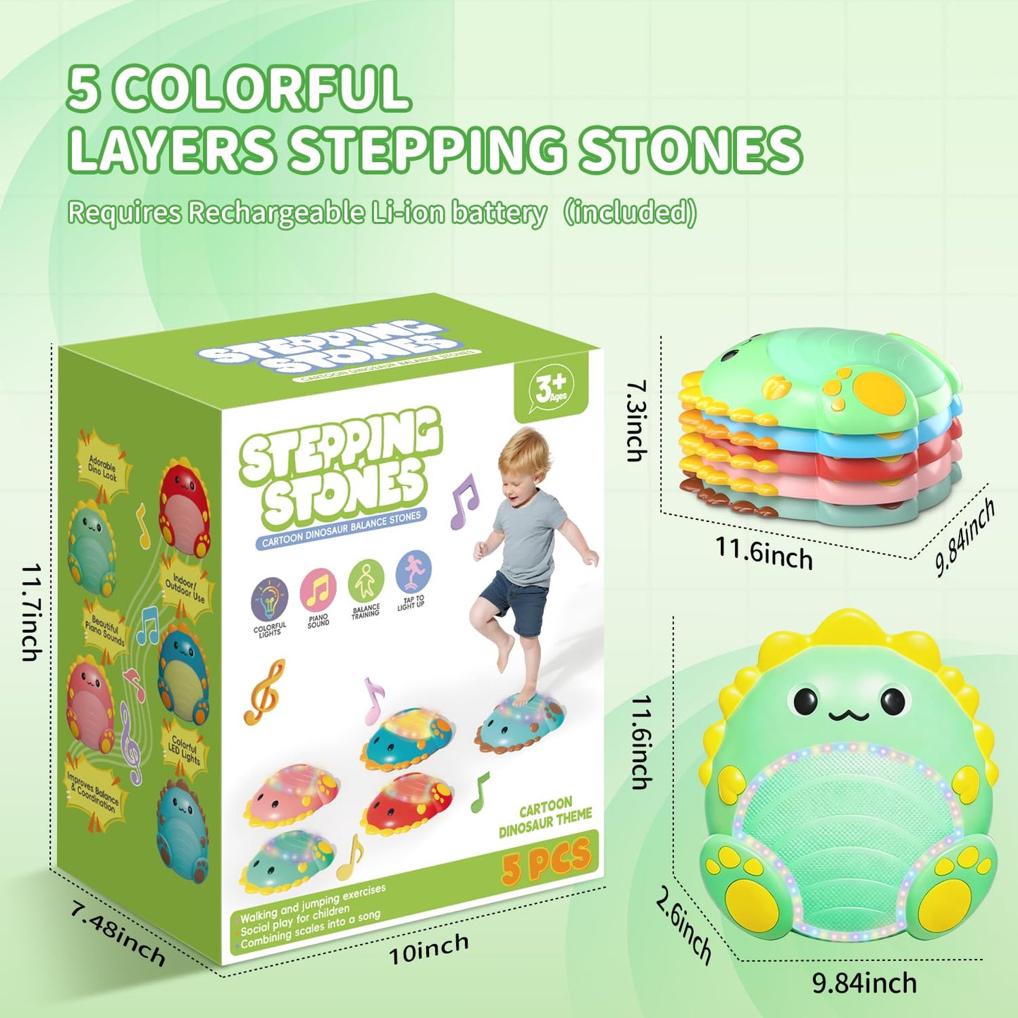 Toys Stepping Stones for Kids Toddler: 5Pcs Upgraded Light up & Music Non-Slip Sensory Balance Toys with 5 Rechargeable Batterie