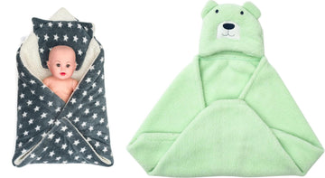 CTMKIDS Baby Wrap with Cushion Cap for Kids 74x84 cm  Grey & Baby Hooded Cum Wrap Blanket for Kids 92x66 cm  Sea Green