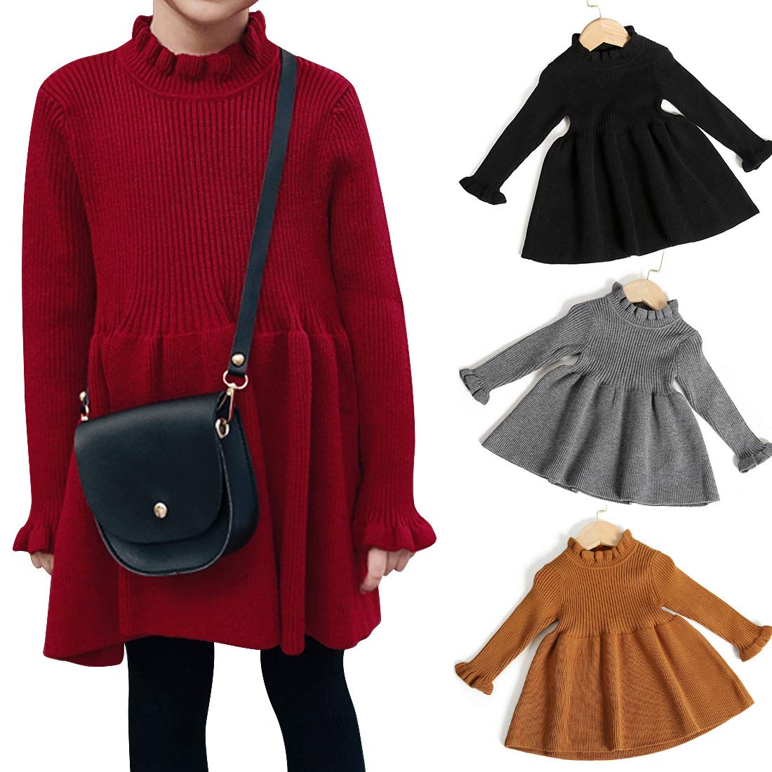 Simplee Kids Little Girls' Long Sleeve Girl Dresses And Rompers Ribbed Knit Sweater Dress Red For 5T