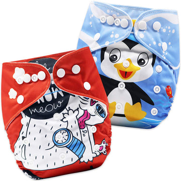 Bembika Cloth Diapers For Babies,Washable Reusable Cloth Diaper Ll Sizes Adjustable (2 Diapers Combo)(Driving Cat + Penguin)(02