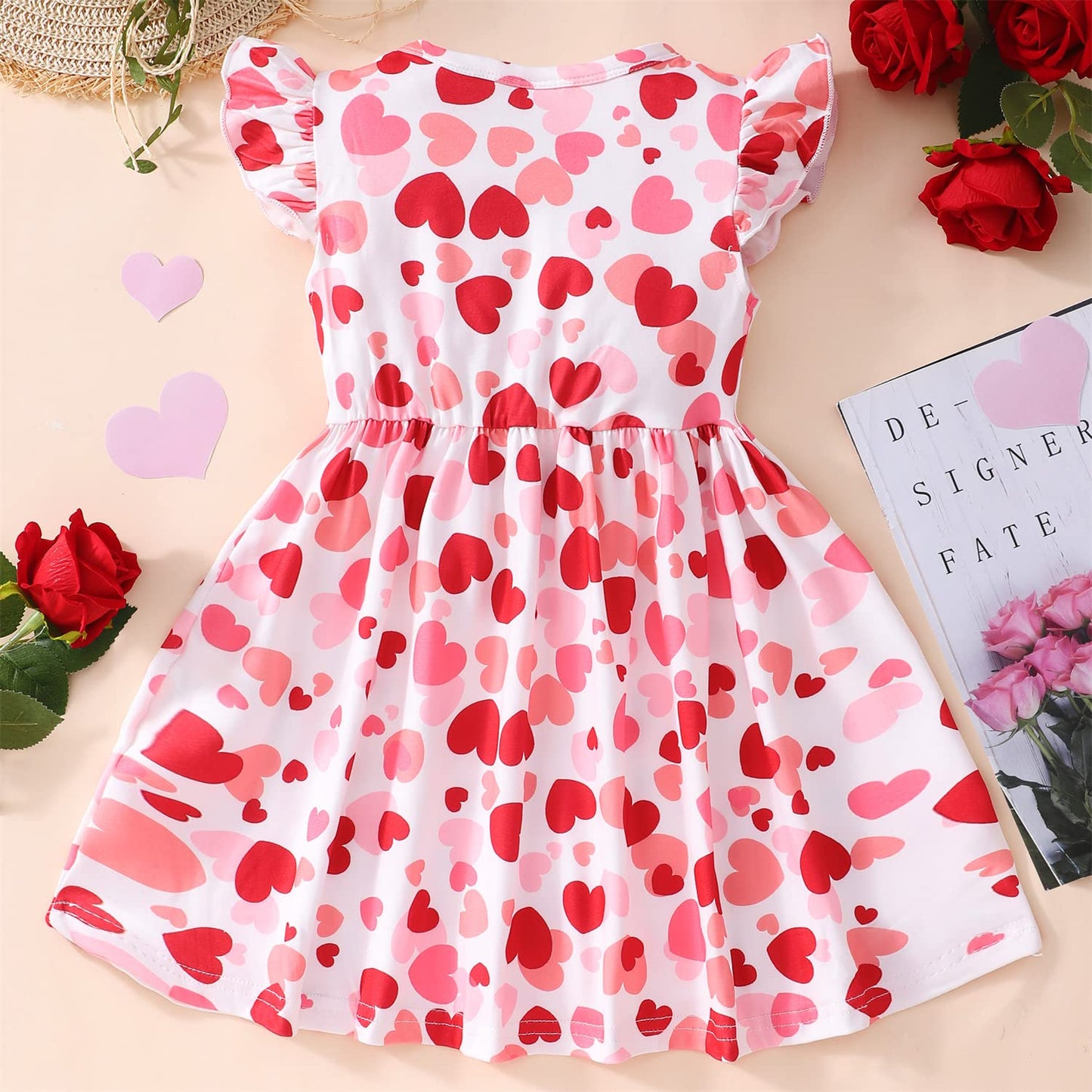 Nubeehoho Baby Girls Dress Ruffled Sleeve Pink Heart Print Summer Dresses Toddler Birthday Sundress Valentine'S Day Outfits 6-7