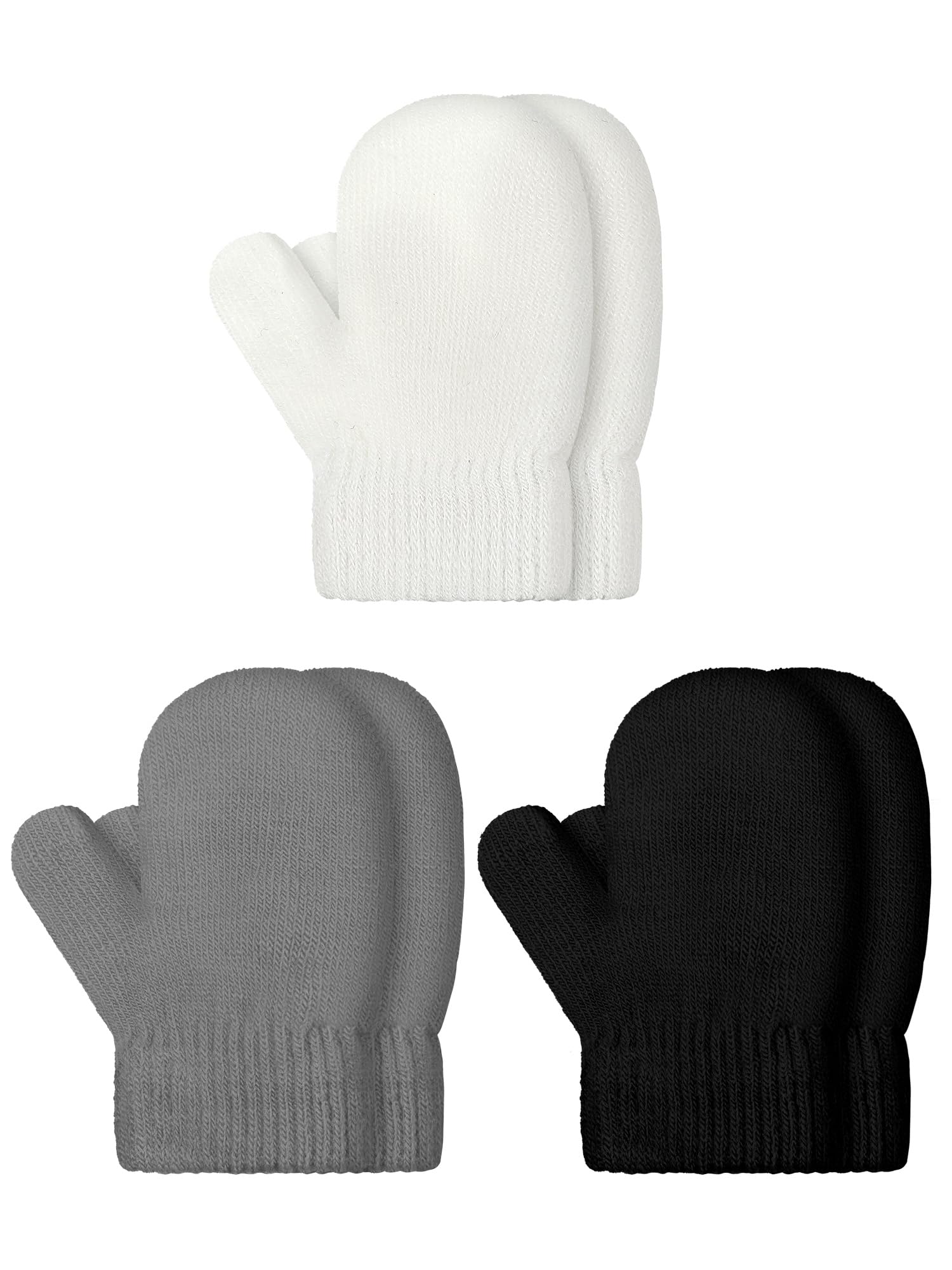 SATINIOR 3 Pairs Toddler Magic Stretch Mittens Little Girls Knit Mitten Baby Boys Soft Winter Knitted Gloves(Black,White,Gray,4-