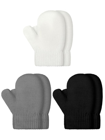 SATINIOR 3 Pairs Toddler Magic Stretch Mittens Little Girls Knit Mitten Baby Boys Soft Winter Knitted Gloves(Black,White,Gray,4-