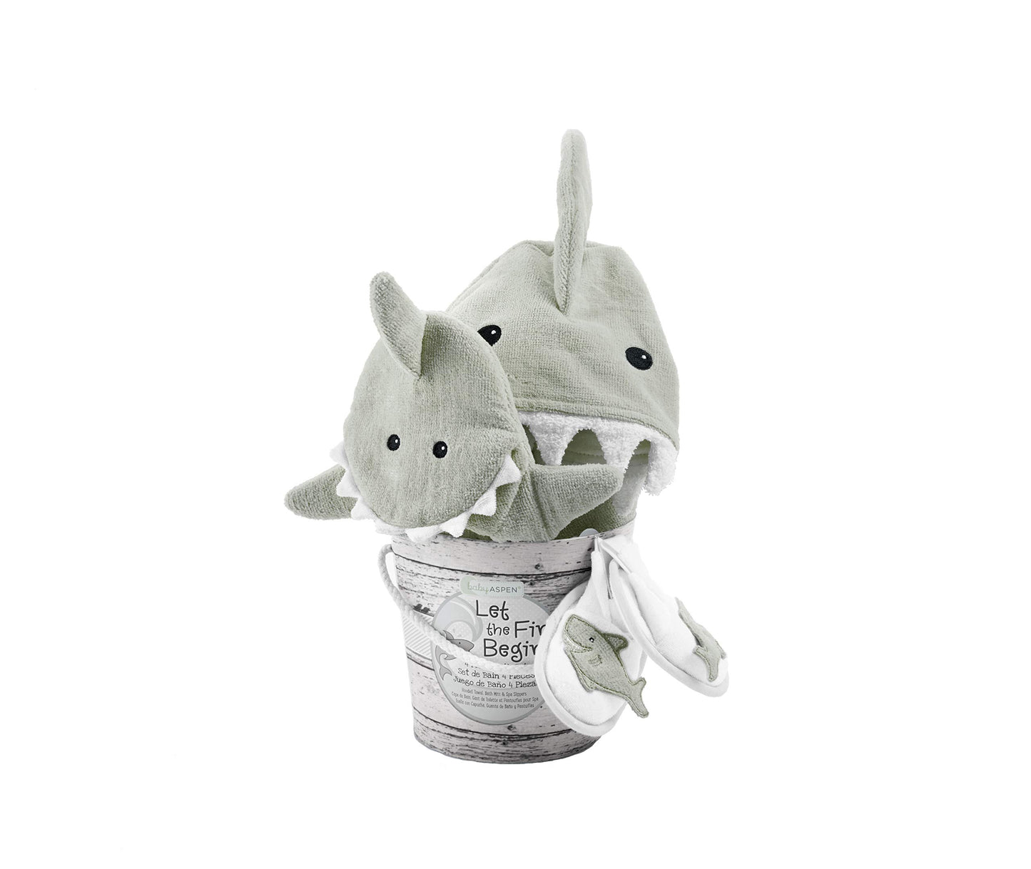 Baby Aspen Baby Girls 4pc Bath Time Gift Set Hooded Towel, Gray, Gray Shark US
