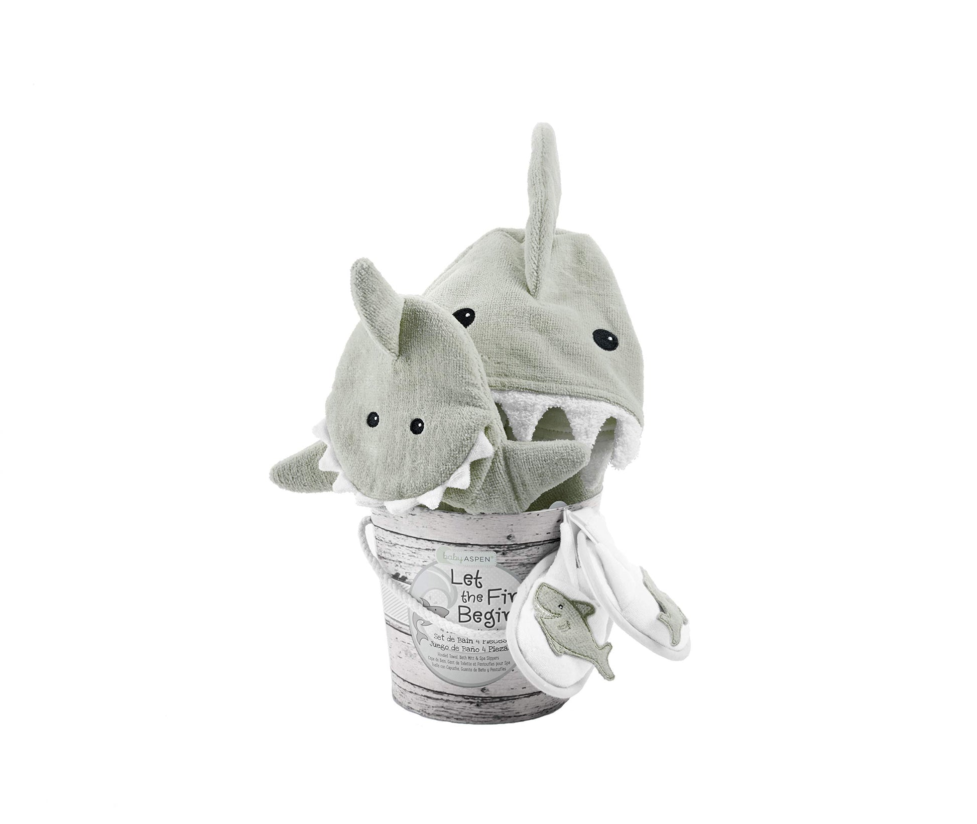 Baby Aspen Baby Girls 4pc Bath Time Gift Set Hooded Towel, Gray, Gray Shark US