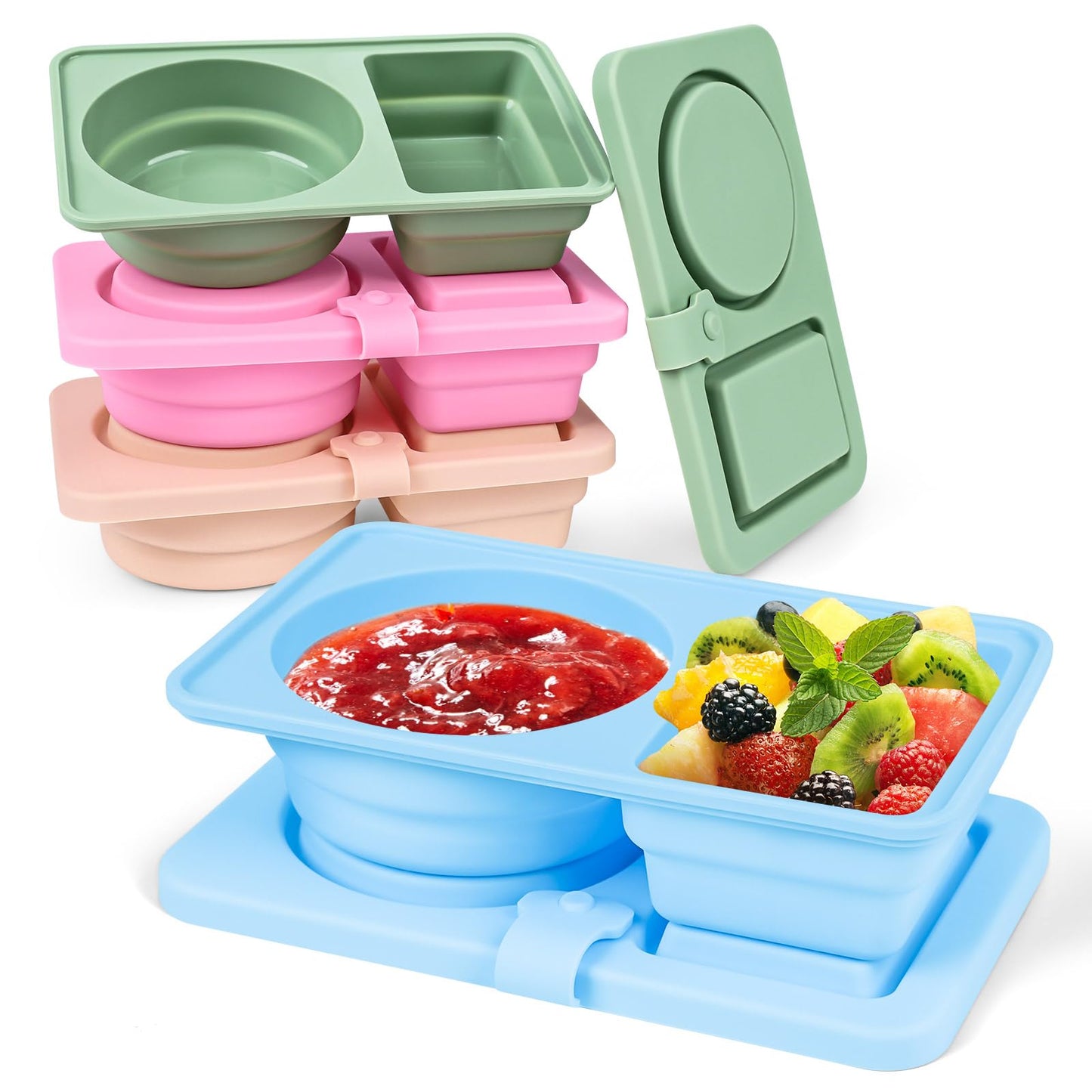 4-Pack Silicone Reusable Snack Containers With Lids | Double Compartment Leak-Proof Bento Boxes For Sauce, Condiments & Fruits, 