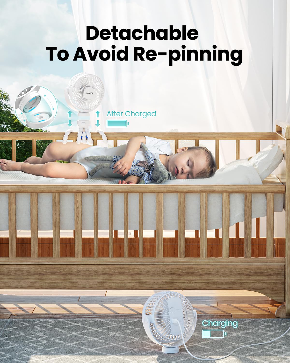 Gaiatop Mini Portable Stroller Fan, Battery Operated Small Clip On, Detachable 3 Speed Rechargeable, 360 Rotate Flexible Tripod