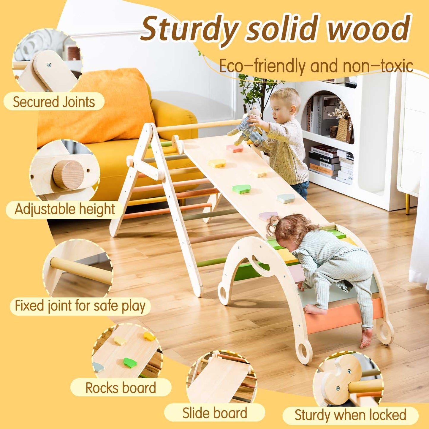 Deli 7 In 1 Pikler Triangle Set, Large Size Toddler Climbing Triangle Set, Wooden Baby Jungle Gym Indoor, Foldable Montessori Cl
