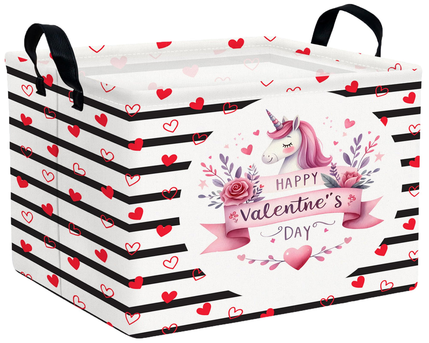 BOOHIT Valentines Day Basket for Kids Heart Shaped Empty Storage Bins for Gifts with Handles Room Decor (Black Dash Love Unicorn