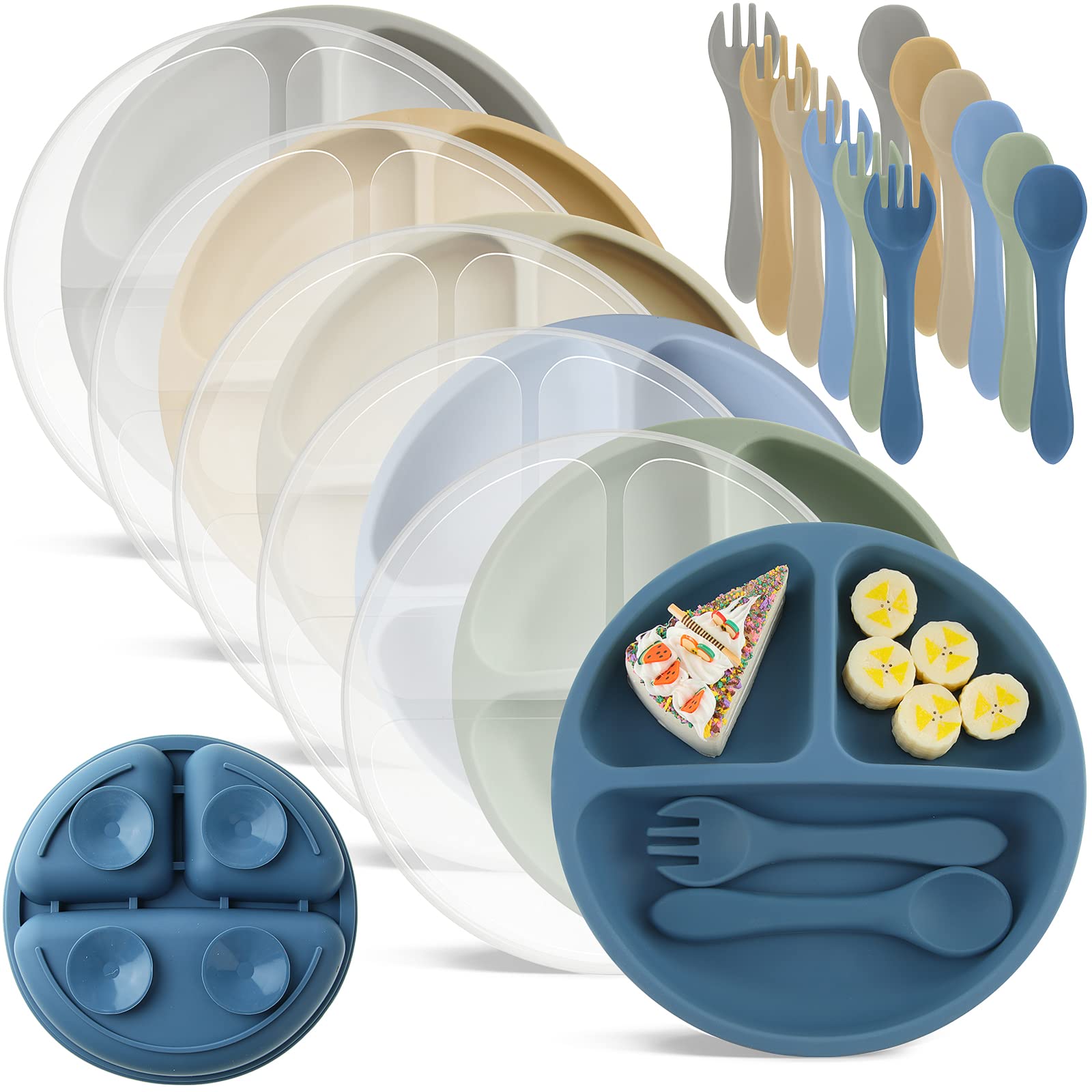 Meanplan 6 Pack Suction Plates for Toddlers with Lids Silicone Baby Plates set Food Grade Silicone Divided Design BPA Free Micro