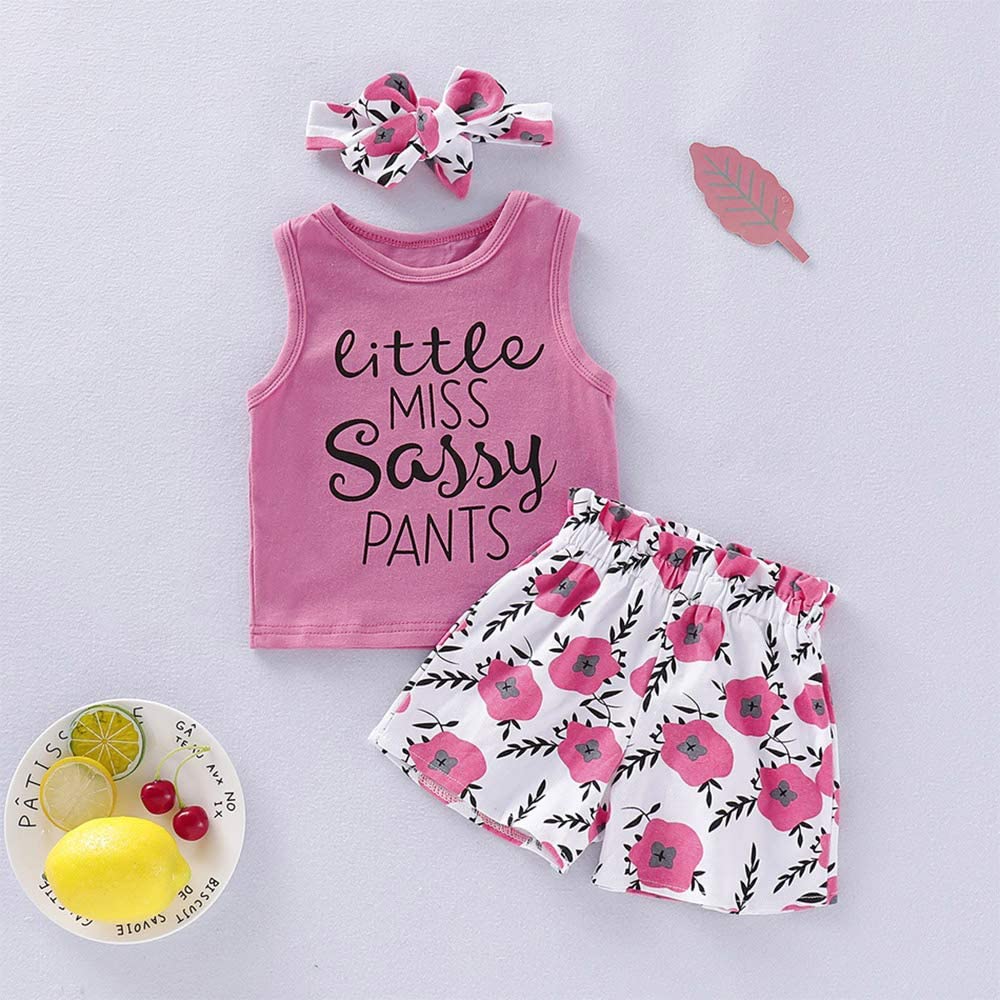 Hipea Toddler Girl Outfits Flower Tops Sleeveless Vest Shorts Headband Summer Clothes Set(5-6T)
