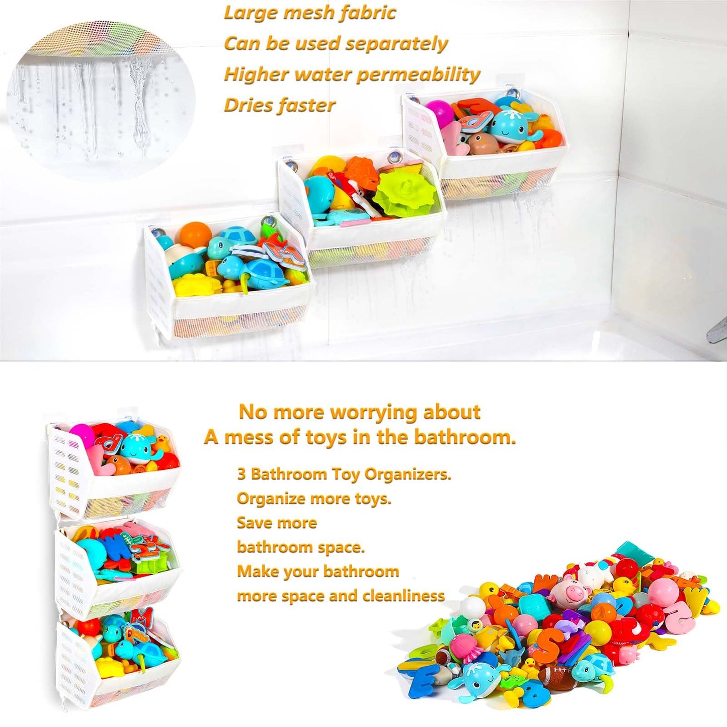 Ligereza bath toy holder 3 Piece Set, Free Arrangement bath toy organizer, Multi-functional bathtub toy holder, Quickly Fish Out