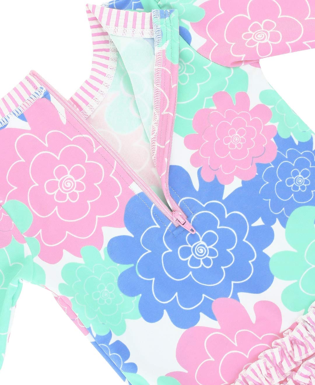 RuffleButts Baby Girls UPF 50+ Sun Protection Floral Printed Long Sleeve One Piece Rash Guard Swimsuit with Zipper - Pastel Peta