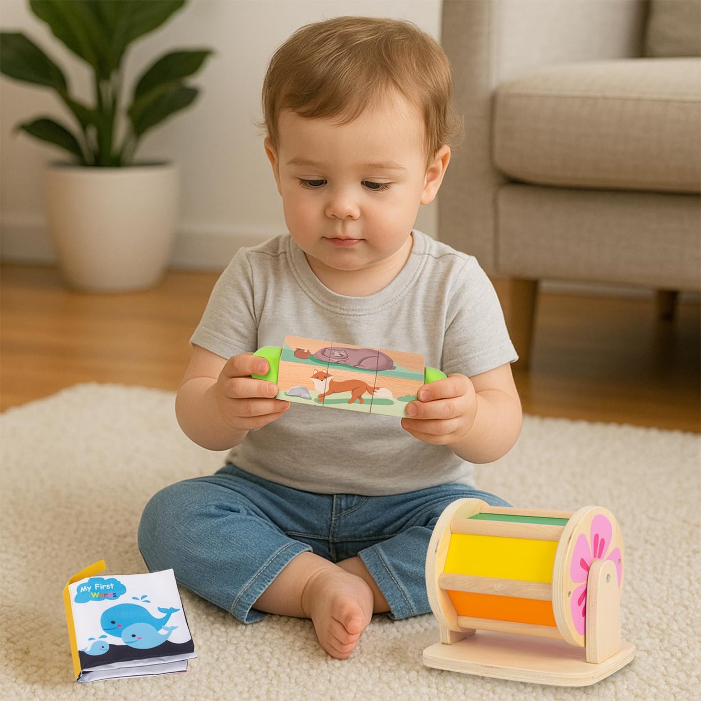 Wooden Baby Toys, 6-in-1 Newborn Learning Educational Sets Includes Mirror Spinning Drum, Rain Stick, Soft Cloth Books, Shape So