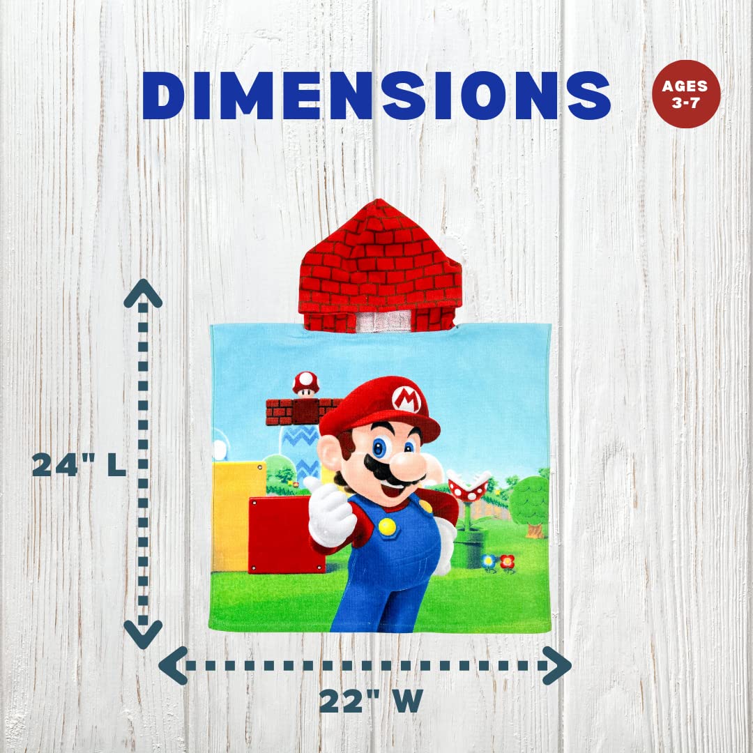 Franco Super Mario Kids Beach/Pool/Bath/Camping Hooded Towel Poncho 24' X 22', Absorbent Cotton Cover Up, (Official Nintendo P