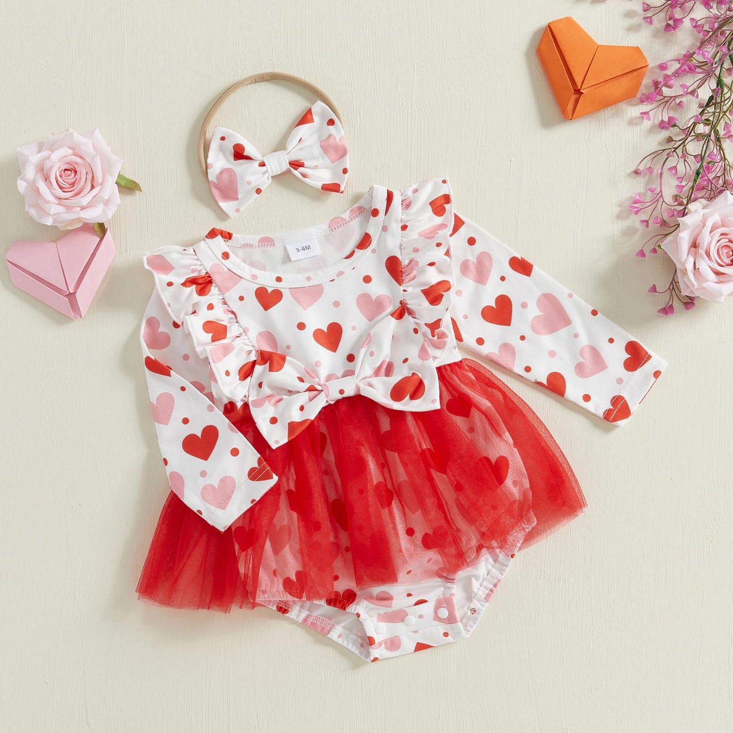 Ayalinggo Baby Girl Valentines Outfit Love Heart Valentine Romper Dress Long Sleeve Onesie Newborn Valentines Day Clothes (Red H