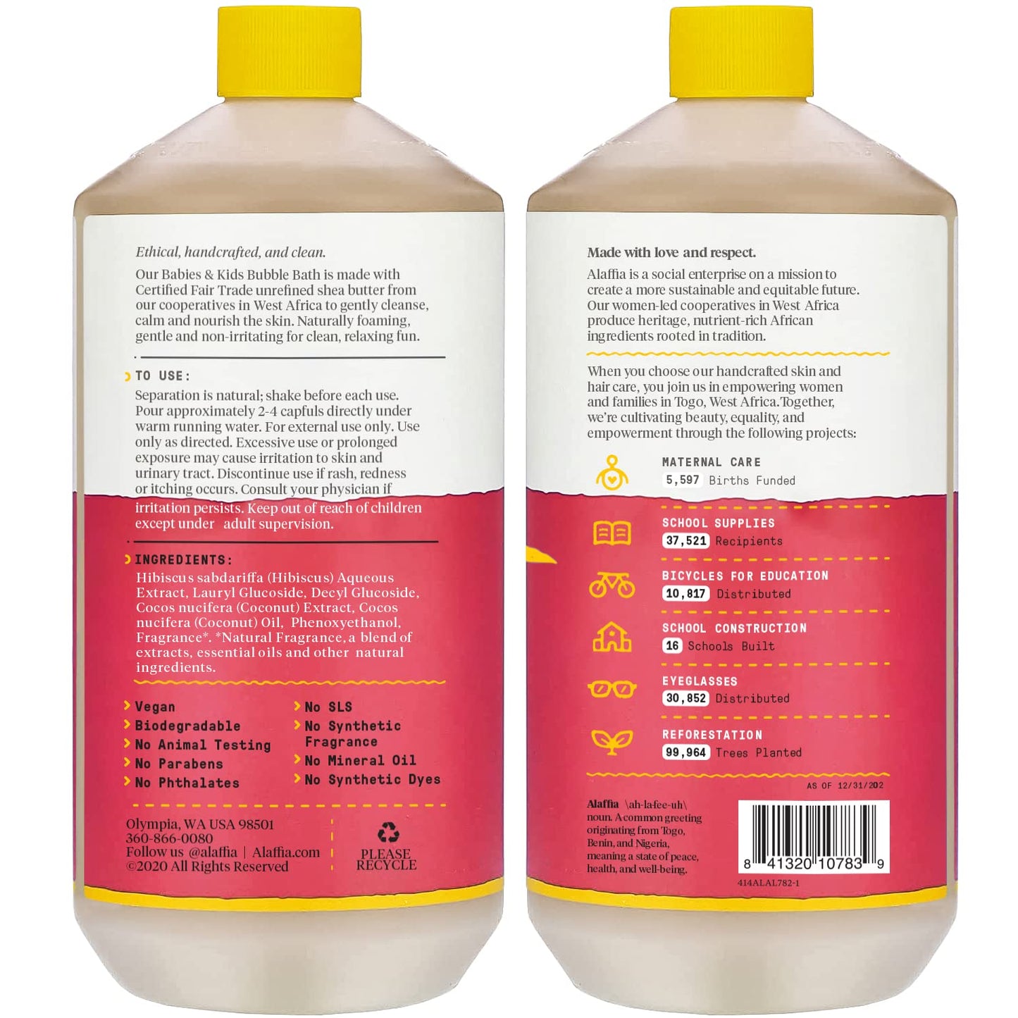 Alaffia Babies & Kids Bubble Bath, Coconut Strawberry, Pump Included - Gentle Cleanser With Raw Shea Butter And Hibiscus, 32 Fl