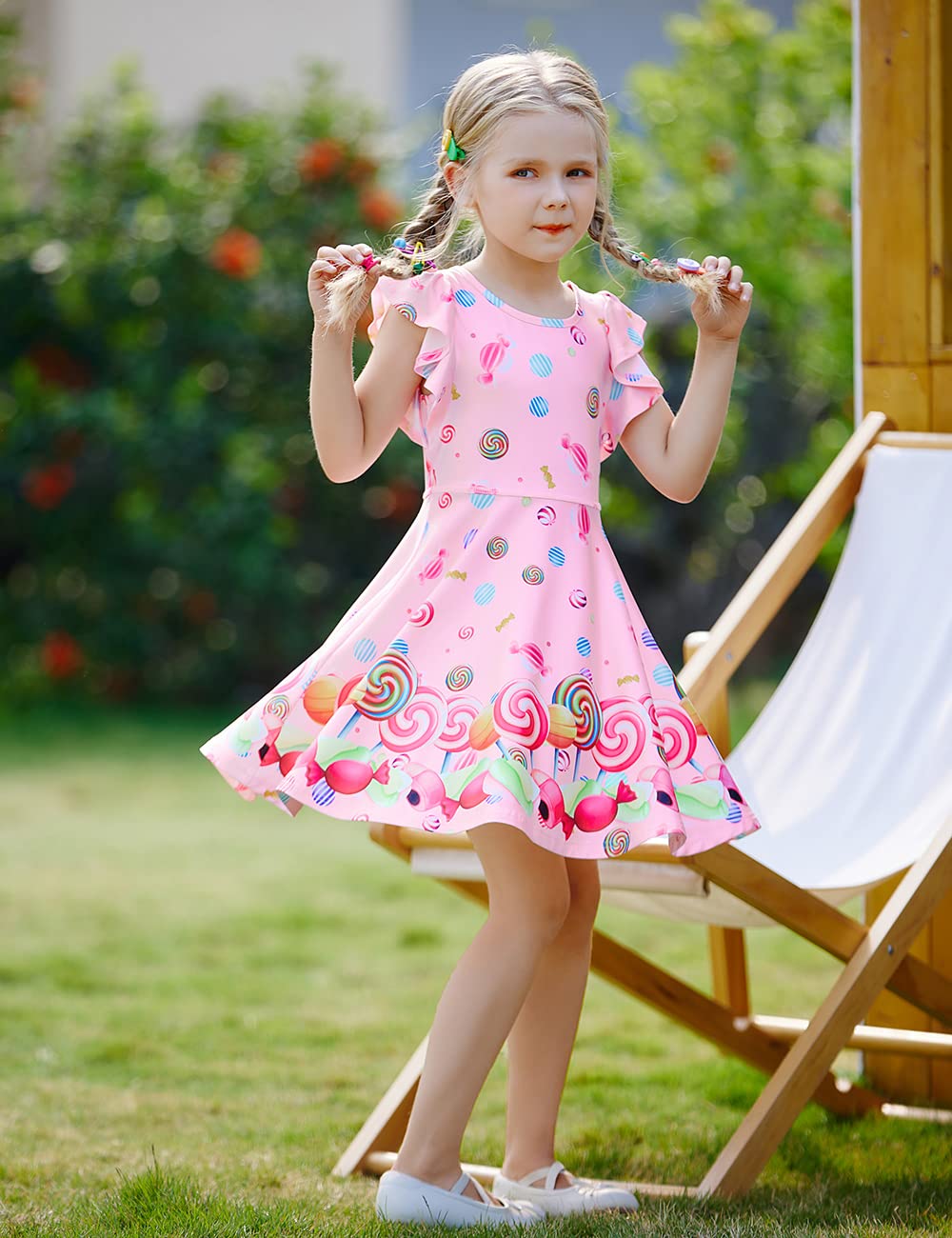 Labeca Baby Girls Printed Casual Party Dresses Twirly Ruffle Sleeve Dress Lollipop Cap Xs