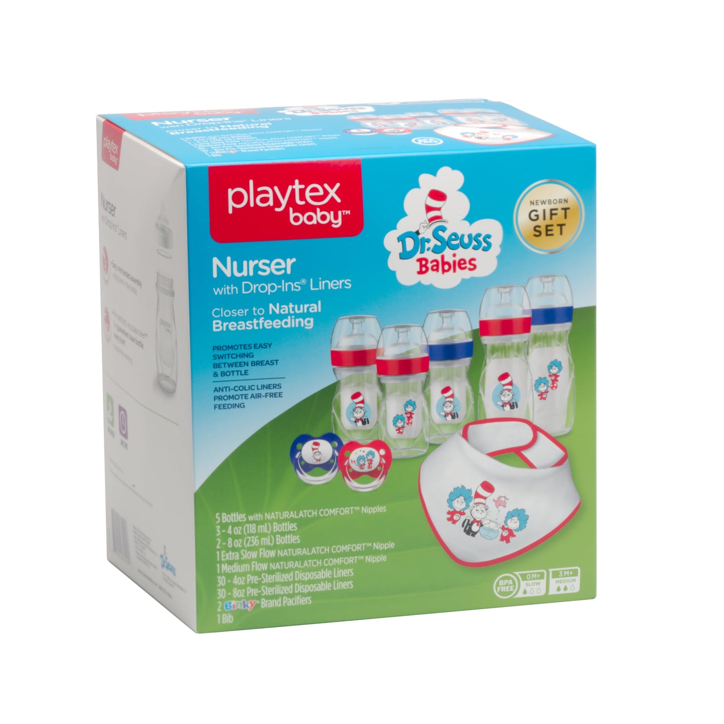 Playtex Baby Dr. Seuss Gift Set - 2 Binky Pacifiers, 3X 4 Oz & 2X 8 Oz Nurser Bottles, 1 Cloth Bib, 2 Extra Nipples, 60 Disposab