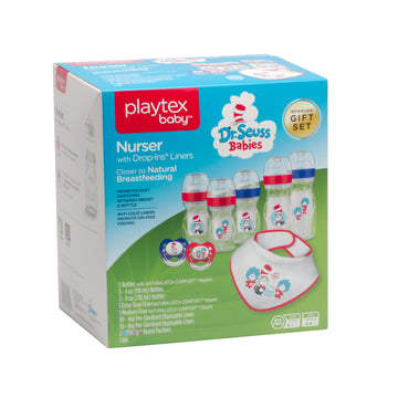 Playtex Baby Dr. Seuss Gift Set - 2 Binky Pacifiers, 3X 4 Oz & 2X 8 Oz Nurser Bottles, 1 Cloth Bib, 2 Extra Nipples, 60 Disposab