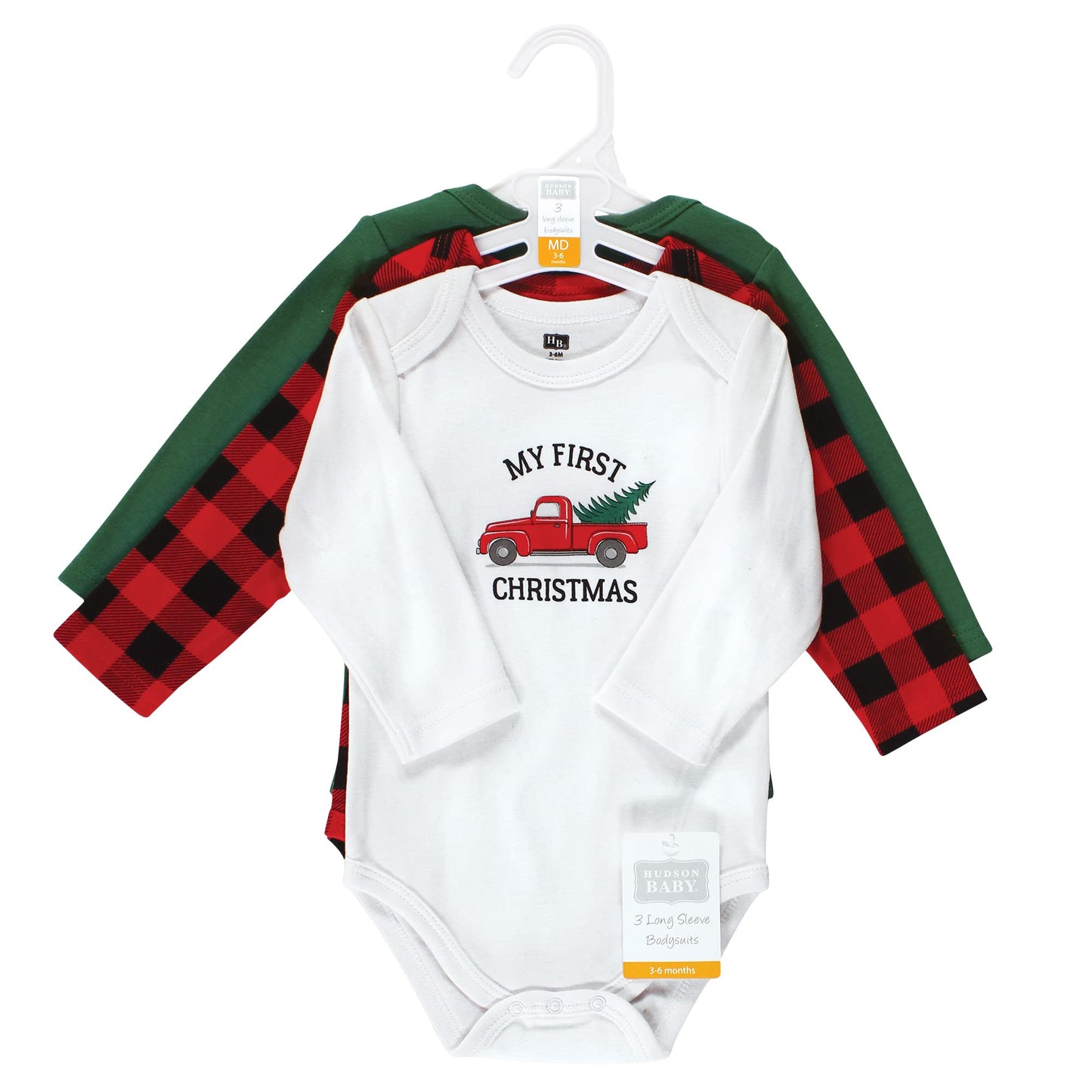 Hudson Baby Unisex Baby Cotton Long-Sleeve Bodysuits, Christmas Tree 3-Pack, 12-18 Months