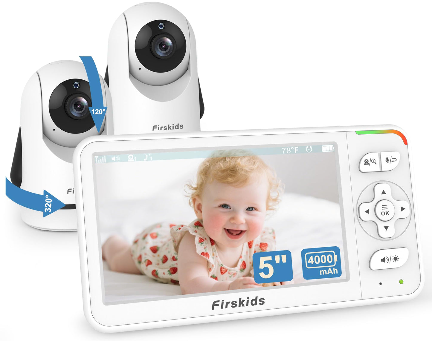5 Baby Monitor with Dual Cameras and Audio - Secure No Wi-Fi Pan-Tilt-Zoom 2 Cameras|32H Battery|2-Way Talk|Temperature Sensor|A