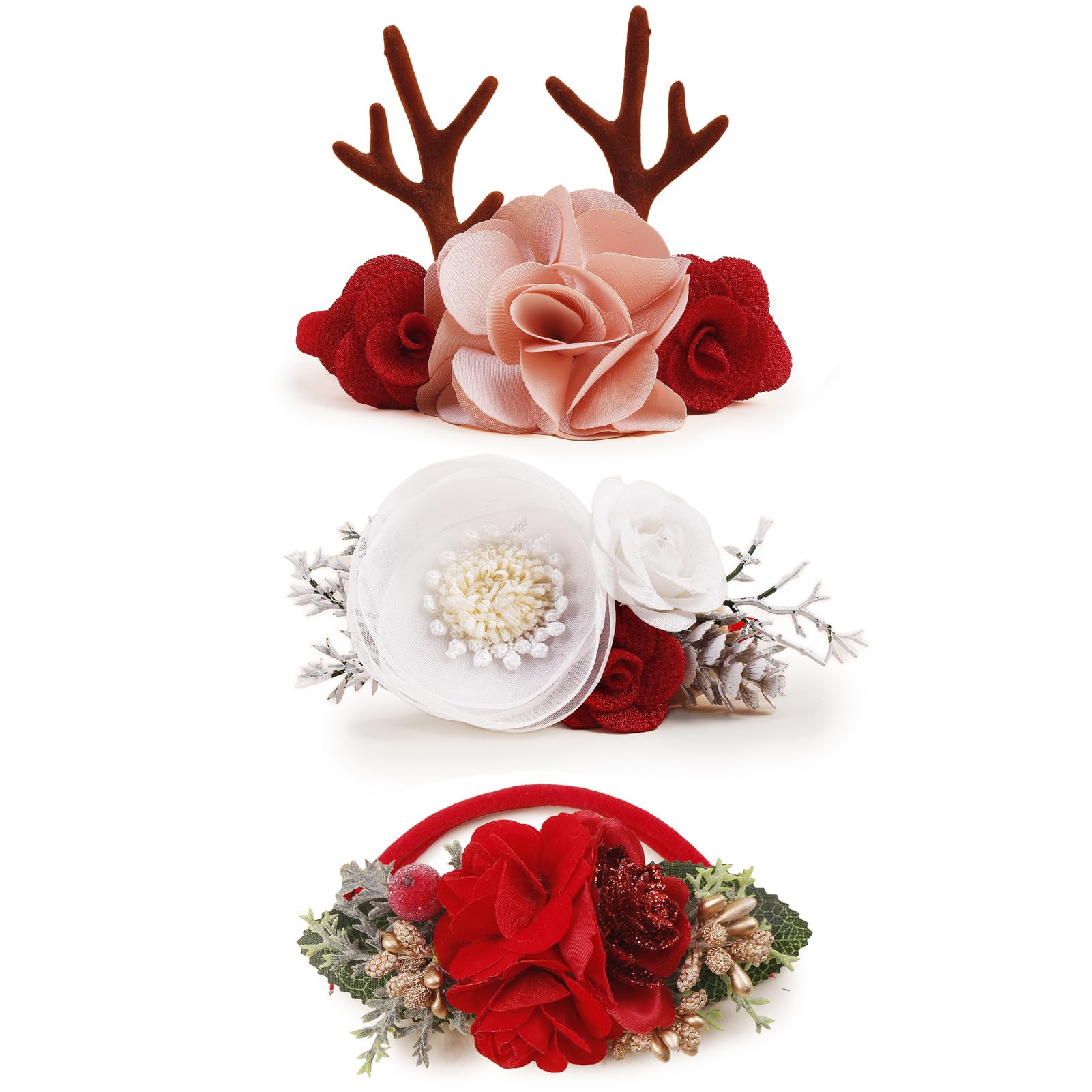 BFNAAgirl Baby Girl Floral Headband Nylon Flower Crown Elastic Hairband 3pcs Hair Accessories Gift for Girls (shengdan-1)