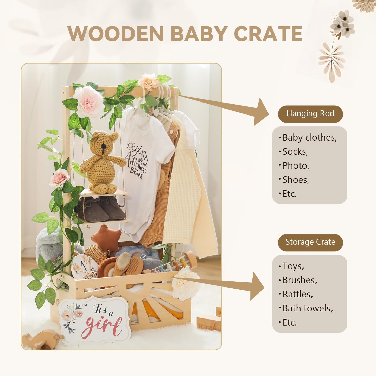 Wooden Baby Shower Crate Closet Baby Basket With Adjustable Handle And Garland Portable Storage Crate Hamper Baby Shower Wooden