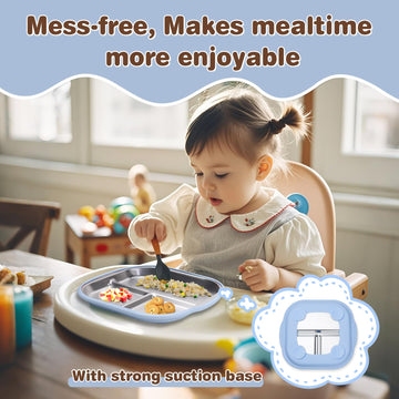 Stainless Steel Kids Plates With Suction, 9.4 'X 9    Divided Baby Toddler Plates With Removable Silicone Sleeves, Non-Slip Tod