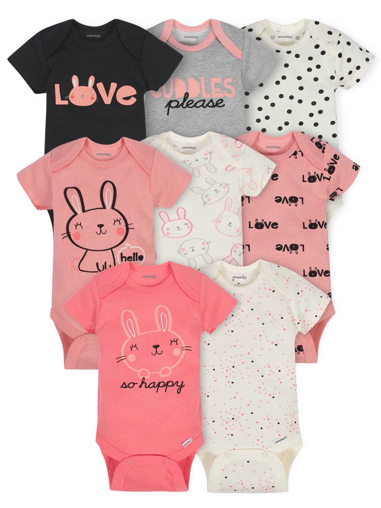 Onesies Brand Baby Girls' 8-Pack Short Sleeve Mix & Match Bodysuits, Cuddles & Love Bunny, 0-3 Months