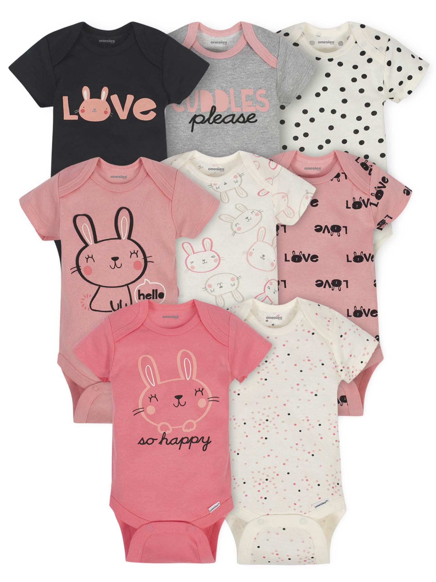 Onesies Brand Baby Girls' 8-Pack Short Sleeve Mix & Match Bodysuits, Cuddles & Love Bunny, 0-3 Months